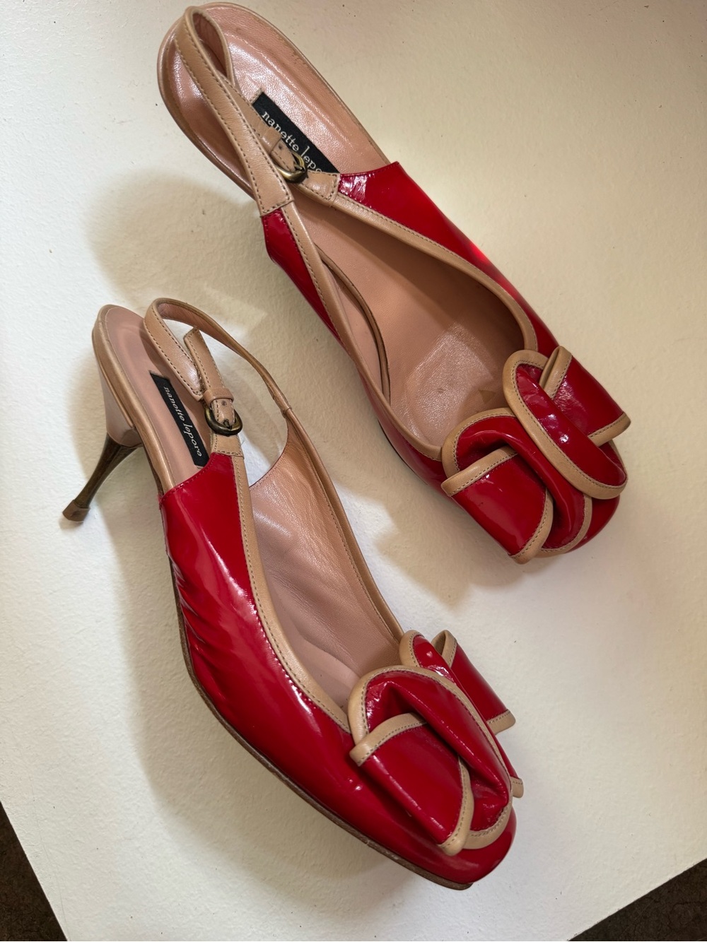 Nanette Lepore slingback kitten heels bold red patent leather finish Sz 8.5